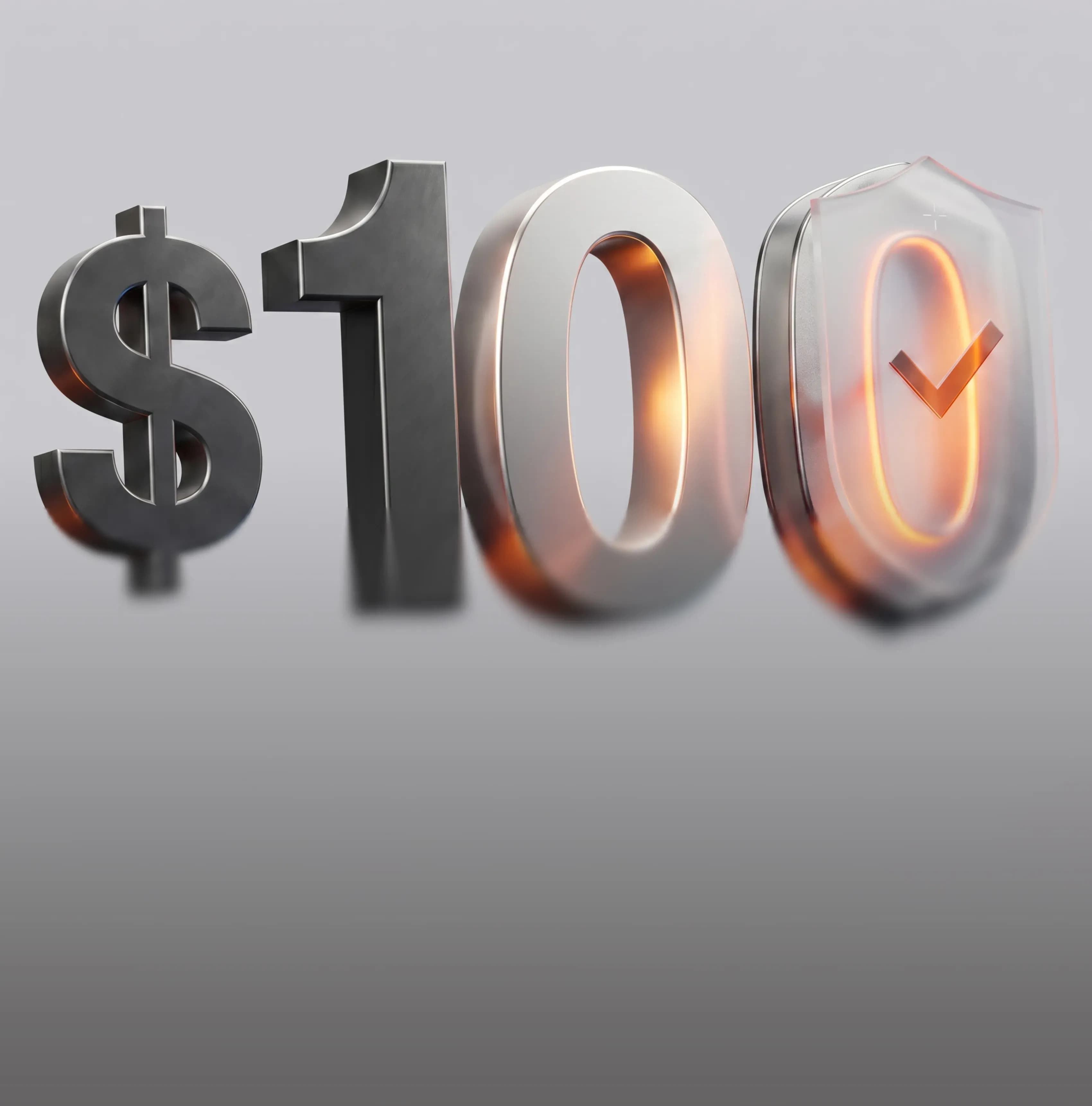 A silver dollar sign and the number 100 next to a glowing shield with a checkmark.