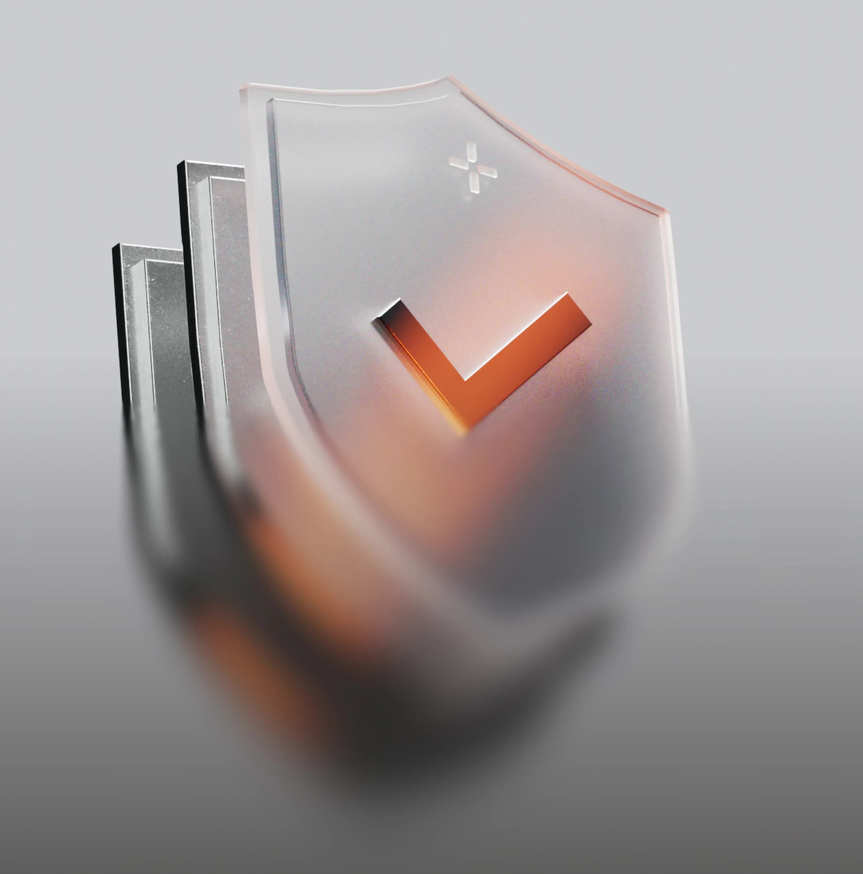 Multiple translucent shield icons overlapping with an orange glowing checkmark on the front.