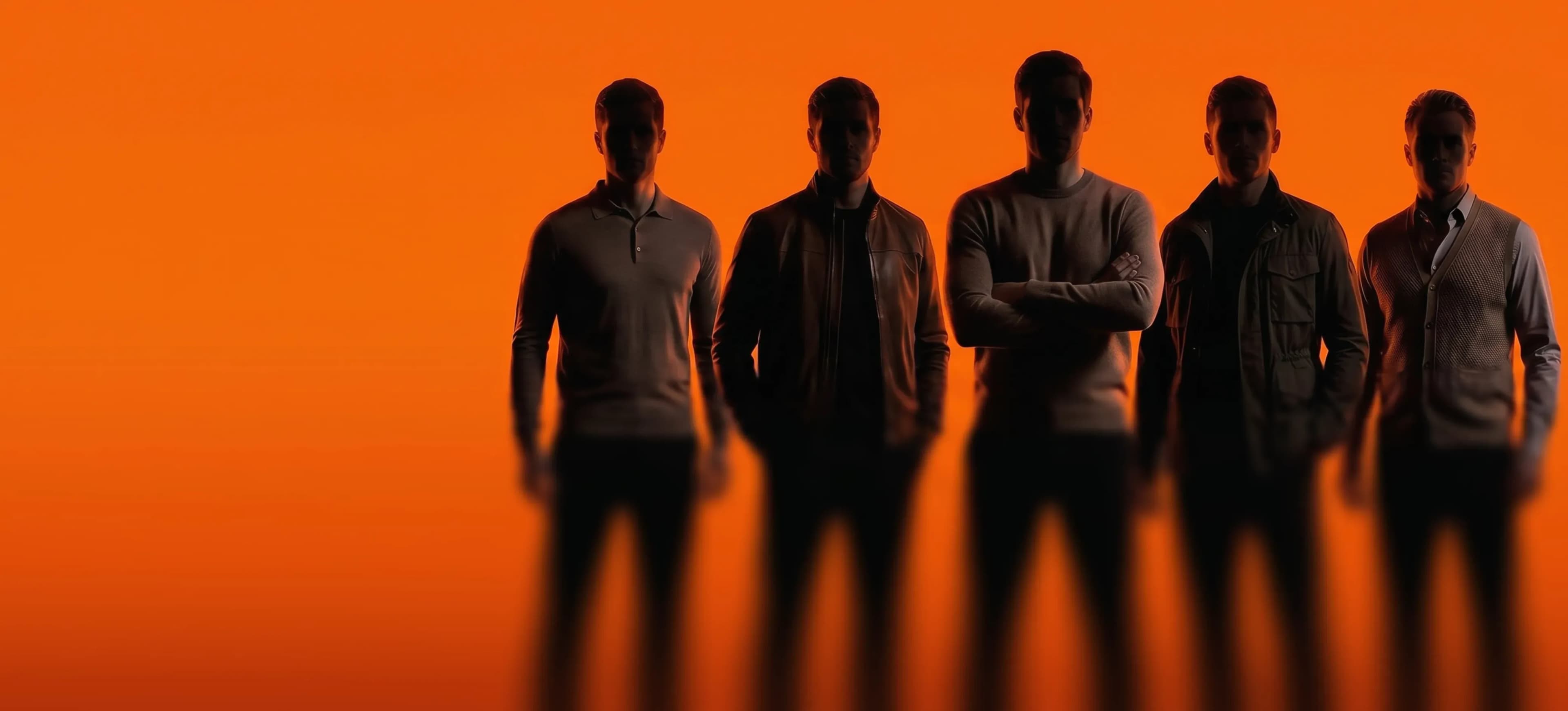 Five men in silhouette stand against a vibrant orange background, facing forward.