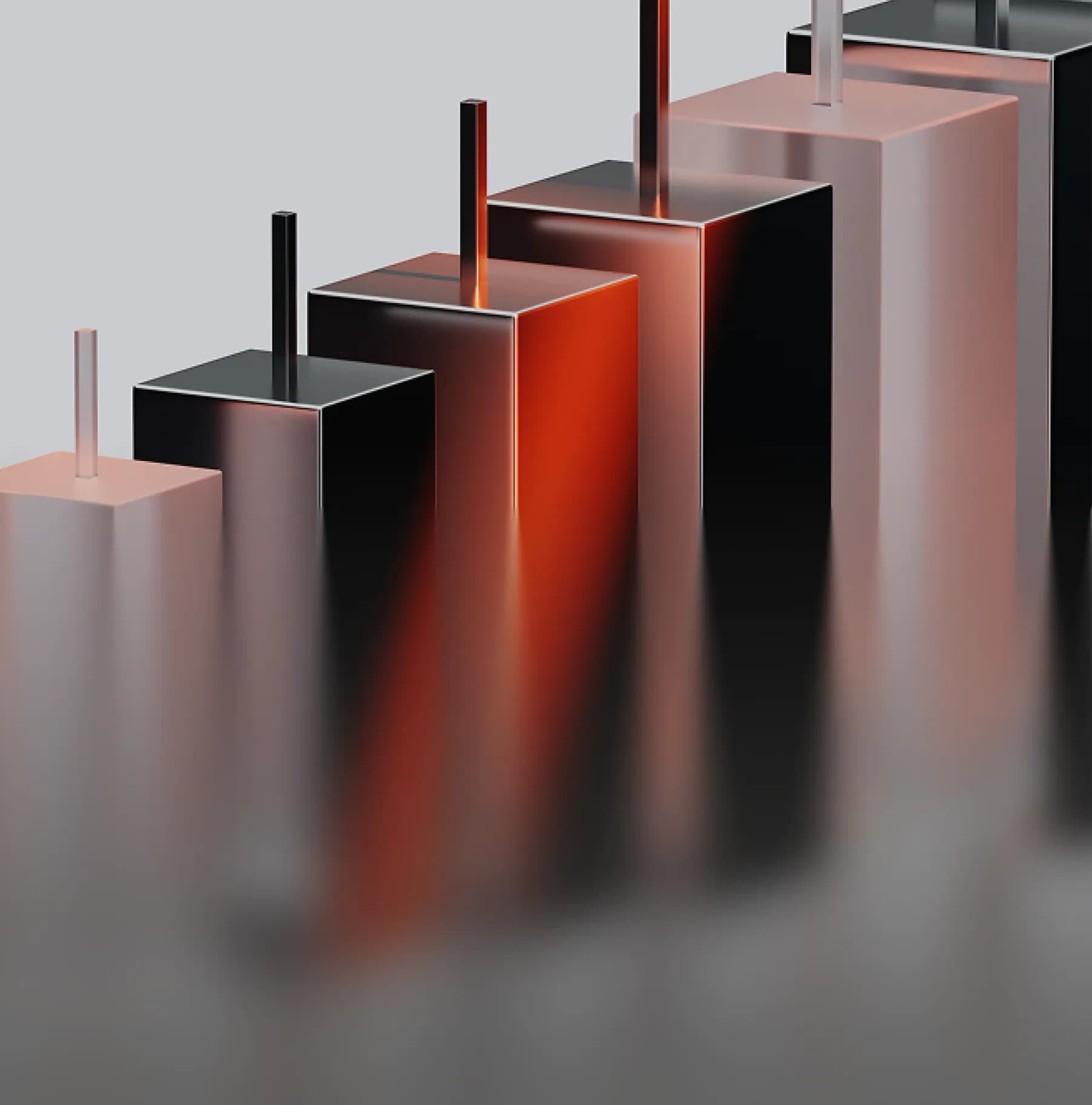 Increasing height of metallic bar graphs with a warm glow.