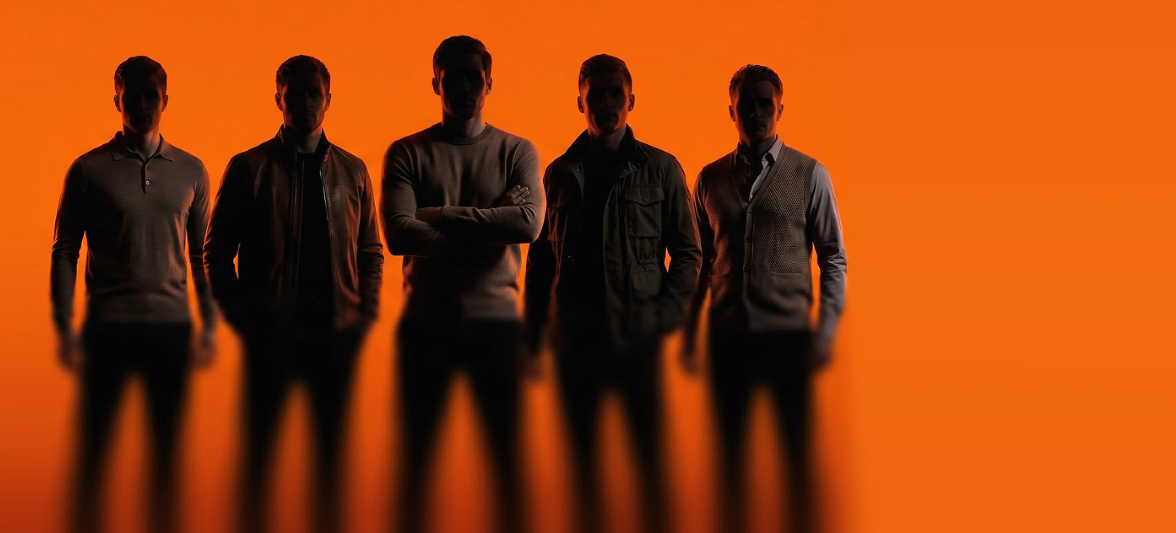 Five silhouetted male figures stand against a vibrant orange background, creating strong contrast.
