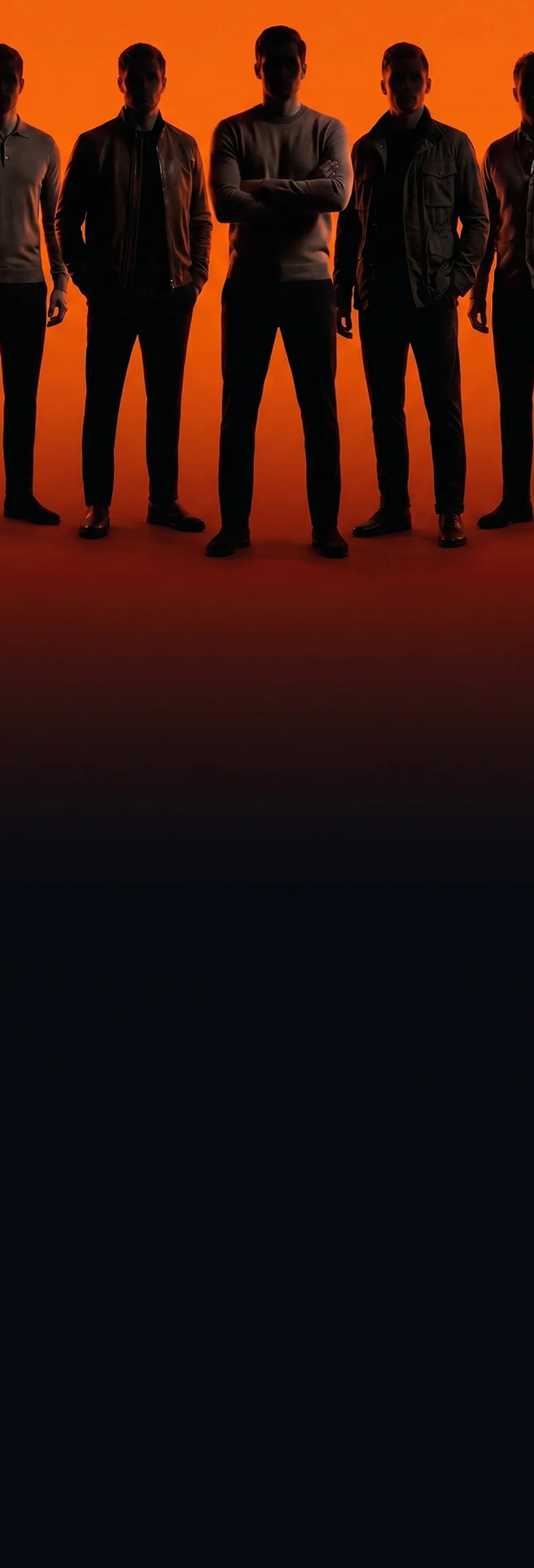 Silhouettes of five men standing in a line against an orange and red background.