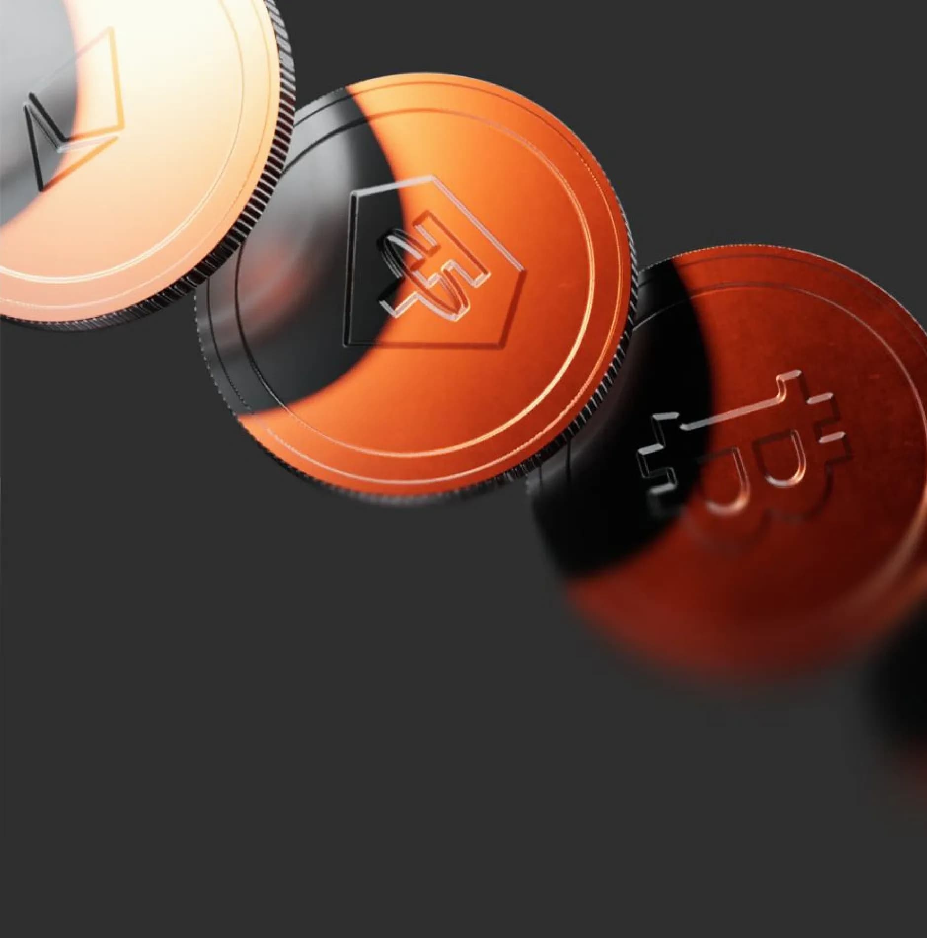 Copper and black metallic coins, possibly cryptocurrency tokens, float against a dark background.