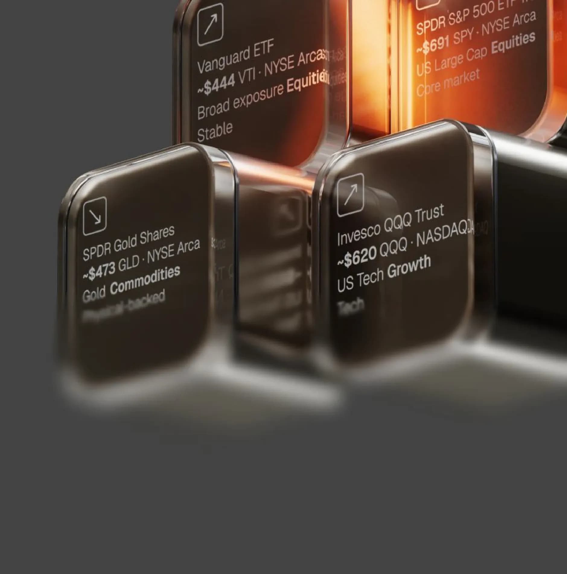 Dark, reflective financial blocks display text related to gold commodities, ETFs, and tech growth.