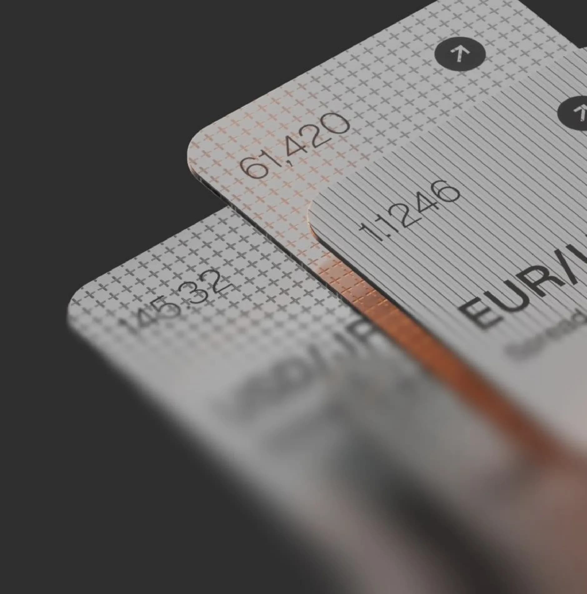 Translucent cards display financial data including "61,420" and "EUR/USD" on a dark background.