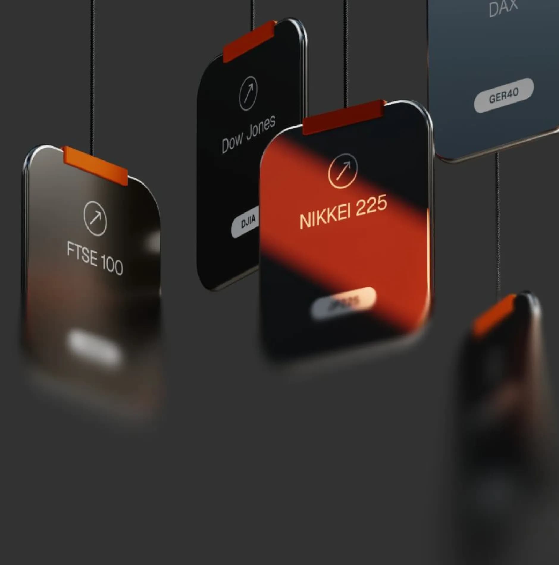 Dark digital cards with rounded corners displaying financial indices: FTSE 100, NIKKEI 225, and Dow.