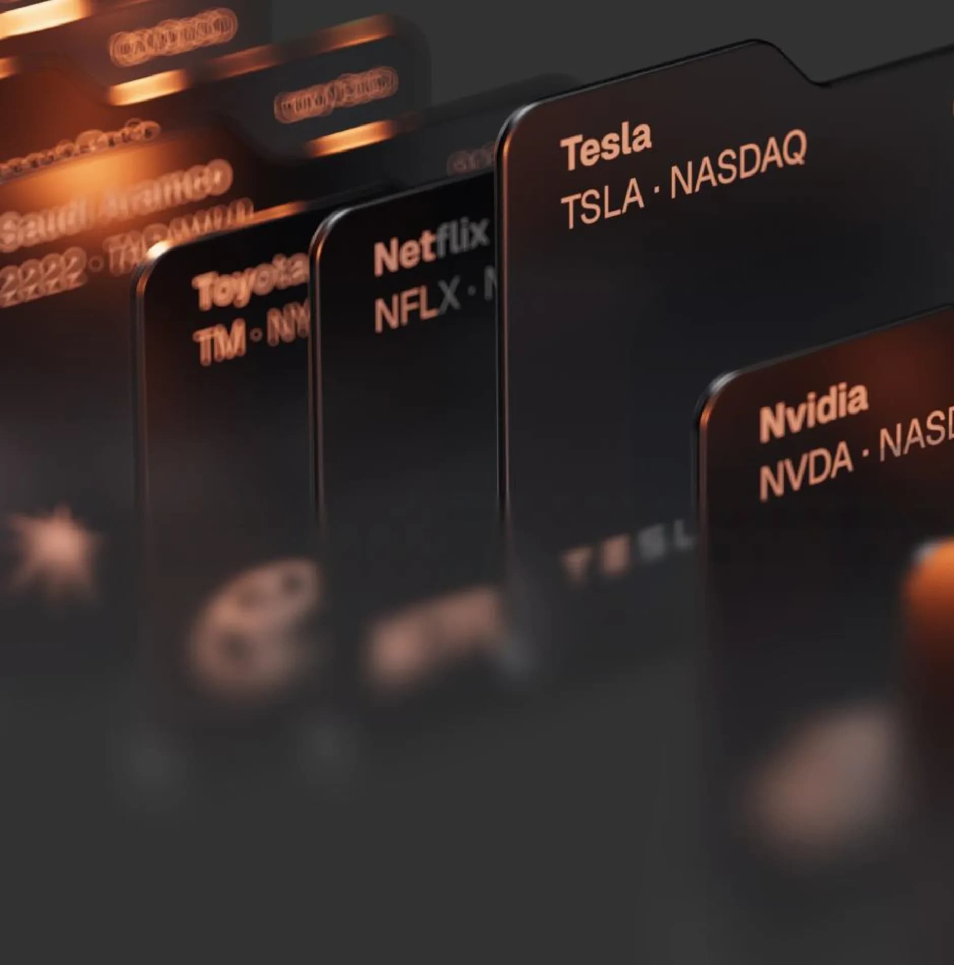 Dark digital cards displaying stock market listings for Tesla, Nvidia, Toyota, and Netflix.