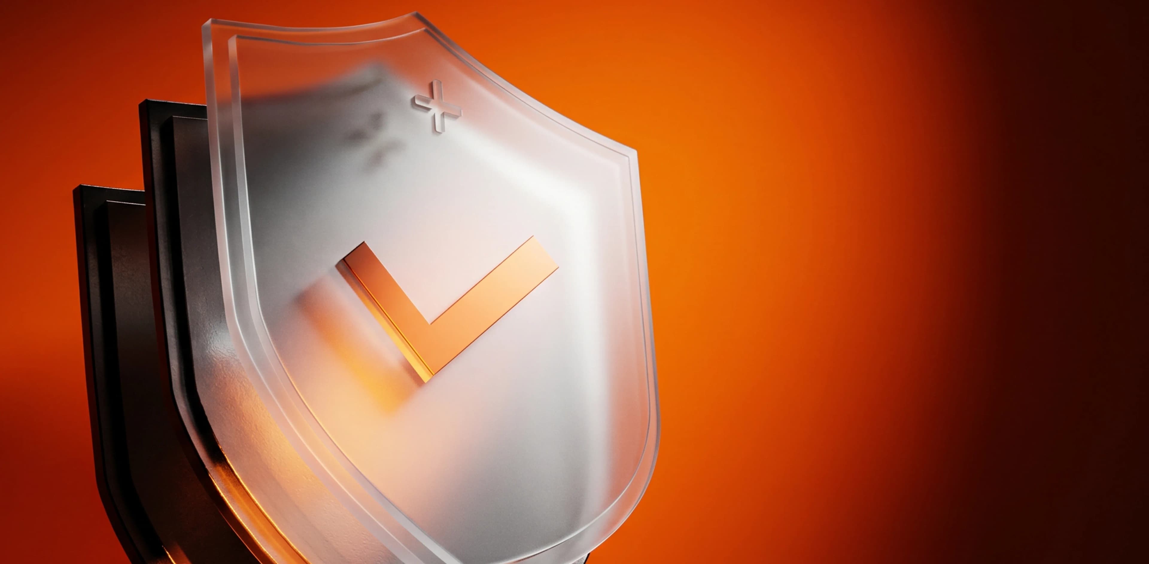 A transparent glass shield with a glowing golden checkmark inside, set against an orange background.