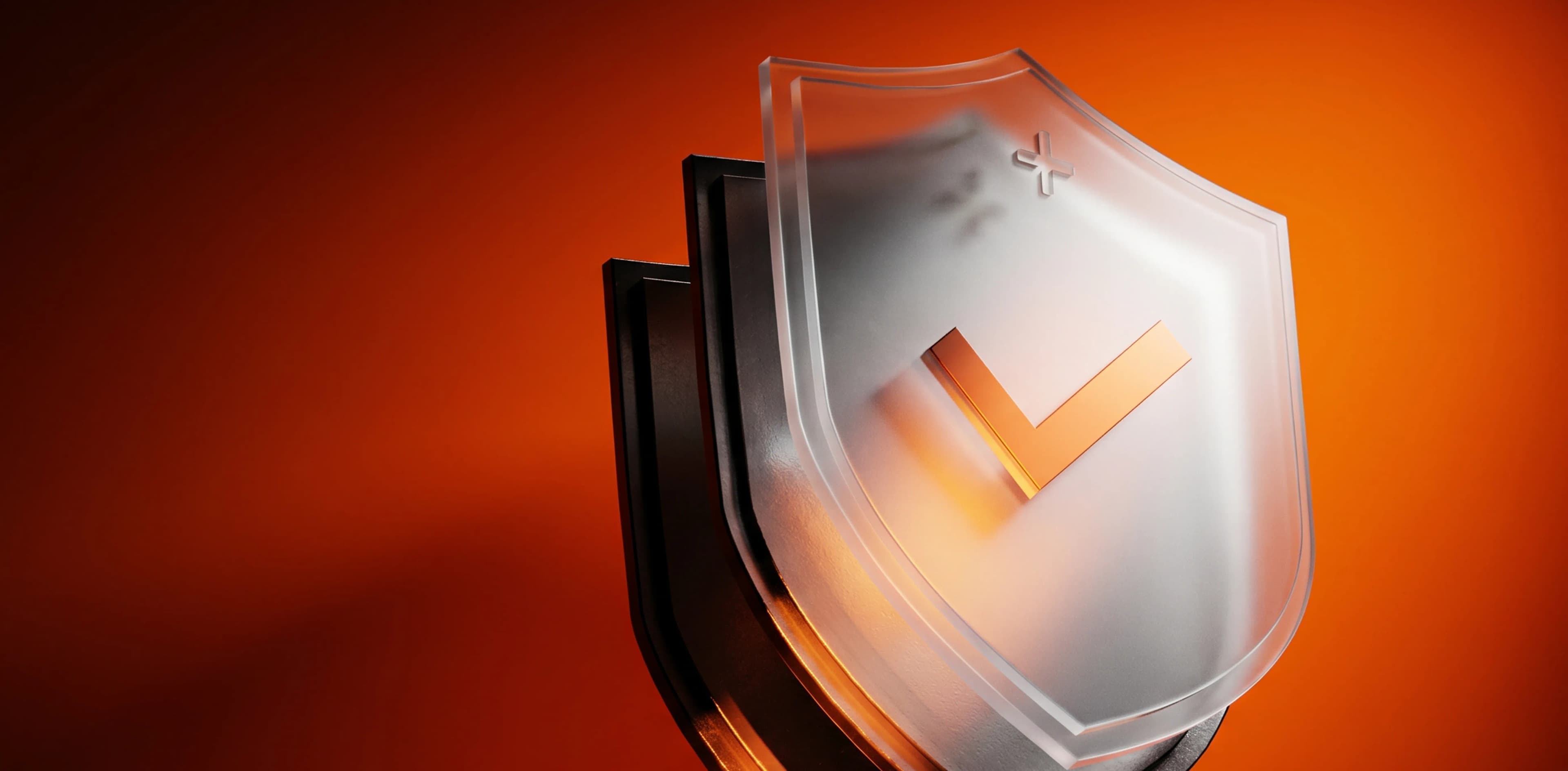 A transparent shield with a glowing orange checkmark against a bright orange background.