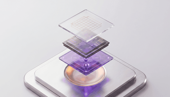 Stacked transparent and opaque technological layers, resembling a sophisticated microchip with purple glow.