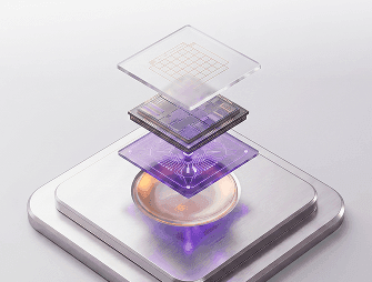 Stacked transparent and opaque technological layers, resembling a sophisticated microchip with purple glow.
