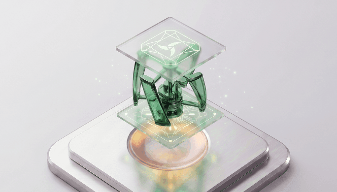 Futuristic green glass geometric structure floats between transparent platforms, glowing subtly.