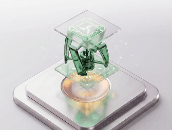 Futuristic green glass geometric structure floats between transparent platforms, glowing subtly.