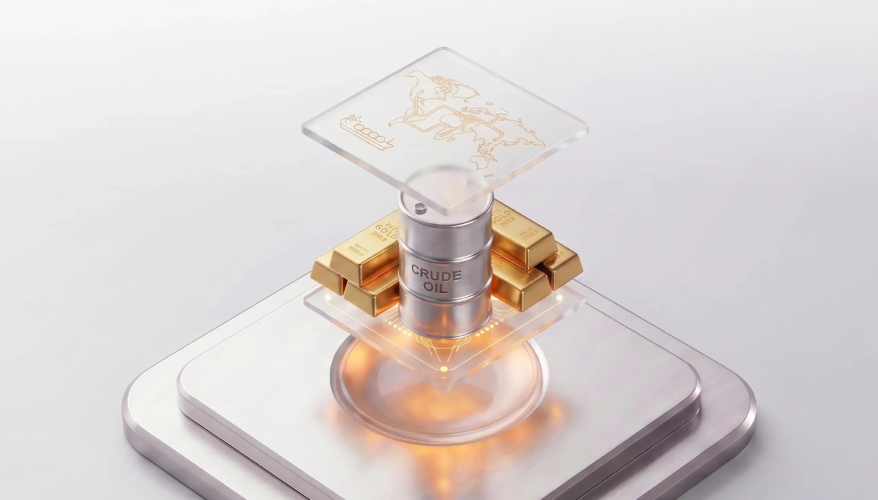 Gold bars support a glowing digital circuit on a futuristic metallic platform.