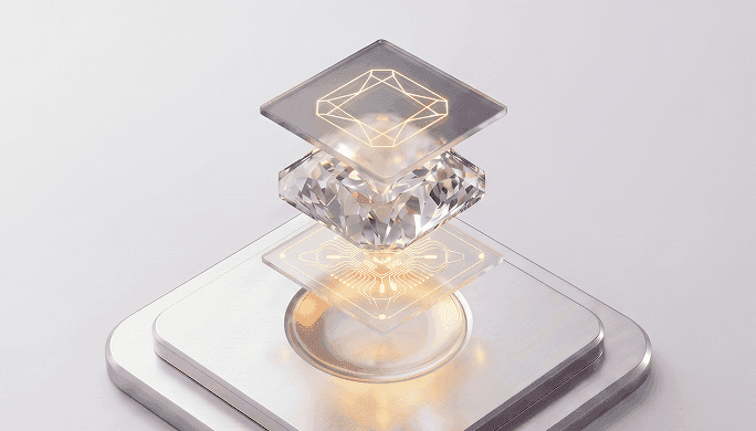 A layered stack of metallic, diamond, and glowing transparent geometric shapes.