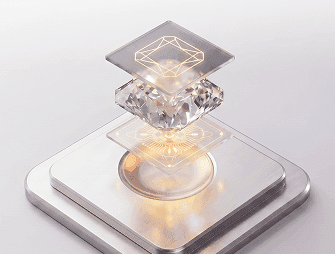 A layered stack of metallic, diamond, and glowing transparent geometric shapes.