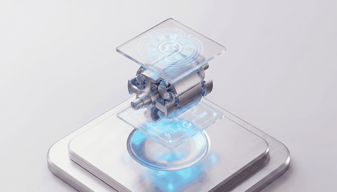 A disassembled electric motor with glowing holographic layers above and below, on a metallic stand.