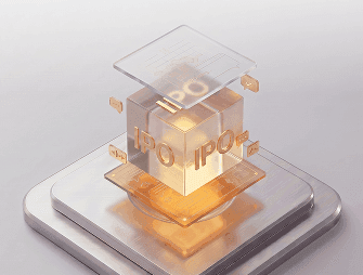 Glowing translucent cube displaying 'IPO' text and digital financial data overlays.
