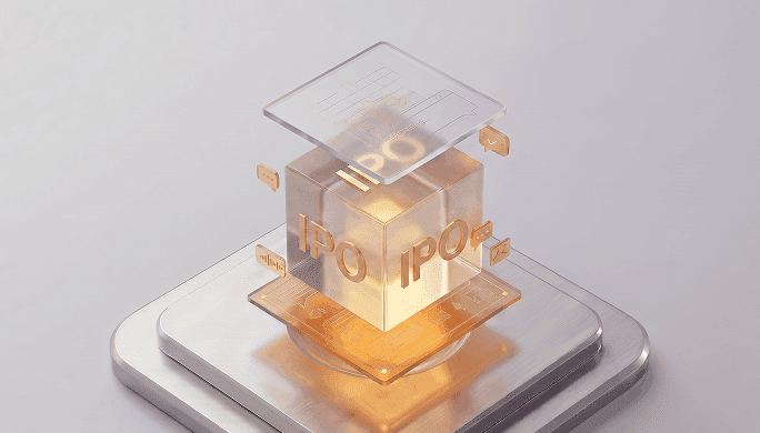 Glowing translucent cube displaying 'IPO' text and digital financial data overlays.