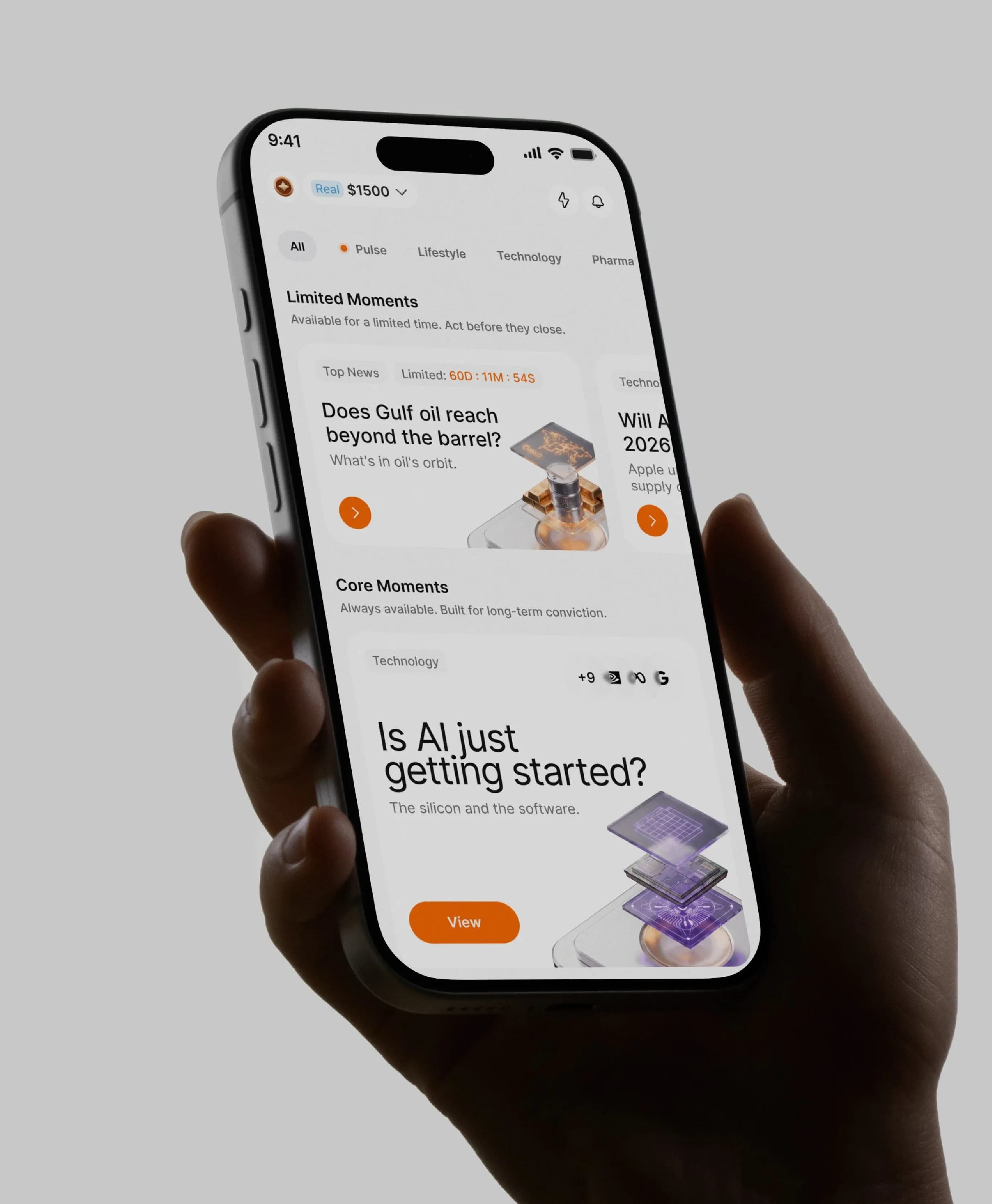 A hand holds a smartphone displaying content about AI and competitive intelligence.